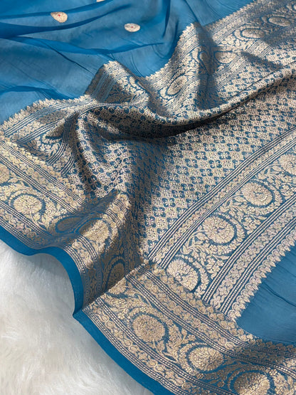 Pure Banarasi Organza Firozi Shades With Minakari Floral Banarasi Silk Saree PO-28