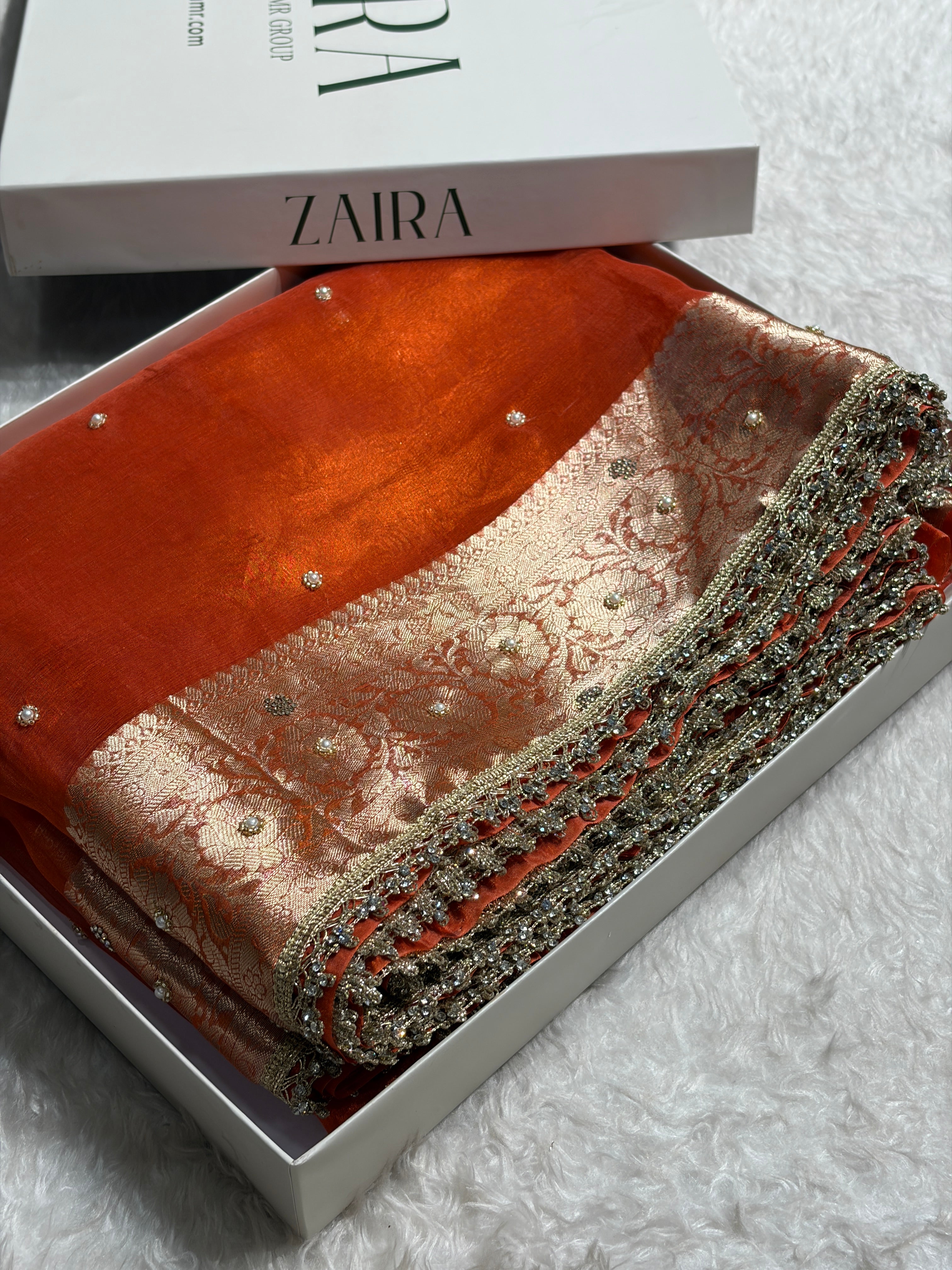 Orange Shade Pure Tissue Silk Saree Moti with Gota Patti BPTGP-18