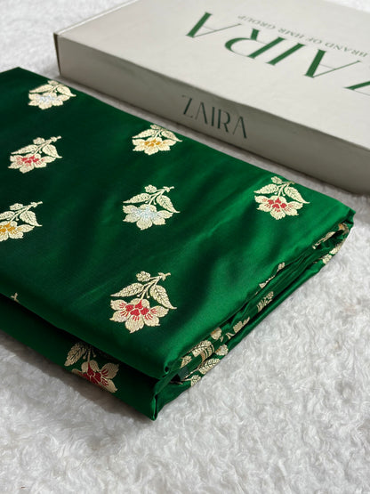 Premium Banarasi Satin Katan Saree With Minakari Boota in Bottle Green Shades SK112