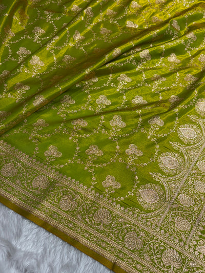 Banarasi Satin Silk Saree Jaal in Liril Green Shades SS23