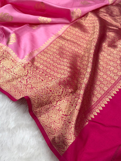 Banarasi Baby Pink With Wine Contrast Shades Handwoven Pure Paper Silk Saree RM-91