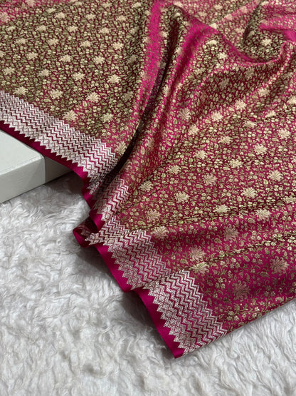 Premium Banarasi Satin Katan Saree Plain With Tanchoi Blouse in Rani Shades SK129