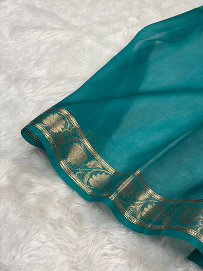 Pure Banarasi Organza Peacock Shades Floral Banarasi Silk Saree PO-21
