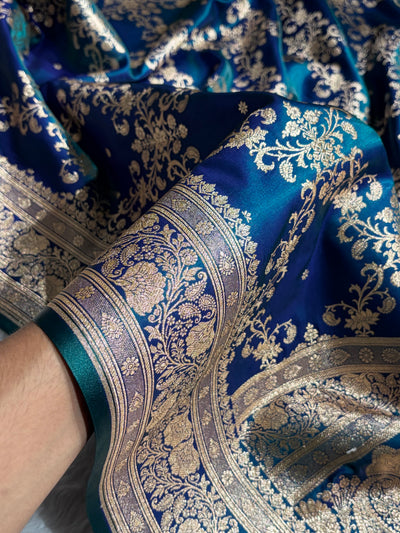 Peacock Shades Jaal Pattern Banarasi Satin Silk Saree SS48