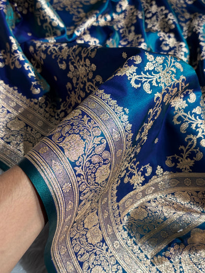 Peacock Shades Jaal Pattern Banarasi Satin Silk Saree SS48