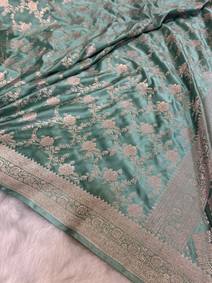 Summer Powder Sea Green Banarasi Floral Jaal Mashru Silk Saree