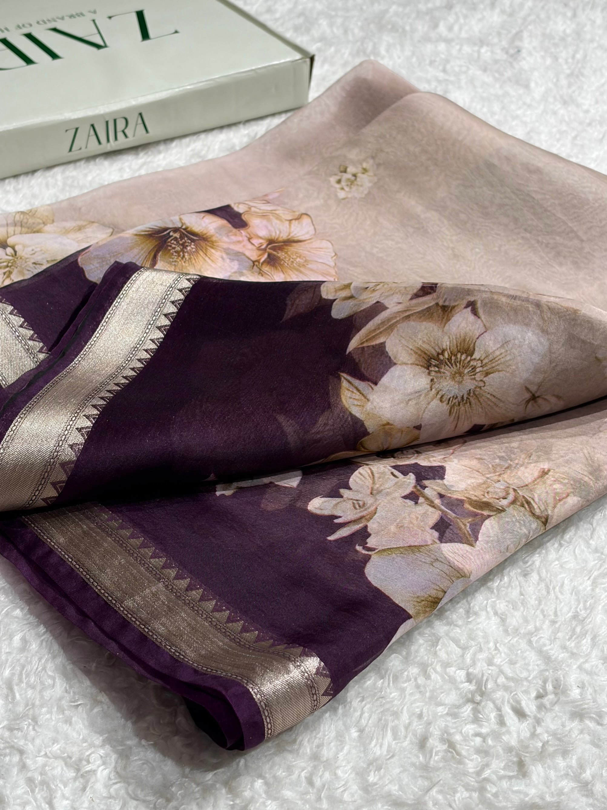 Light Beige & Wine Organza with Pastel Multicolor Florals & Gold Zari Border POP08