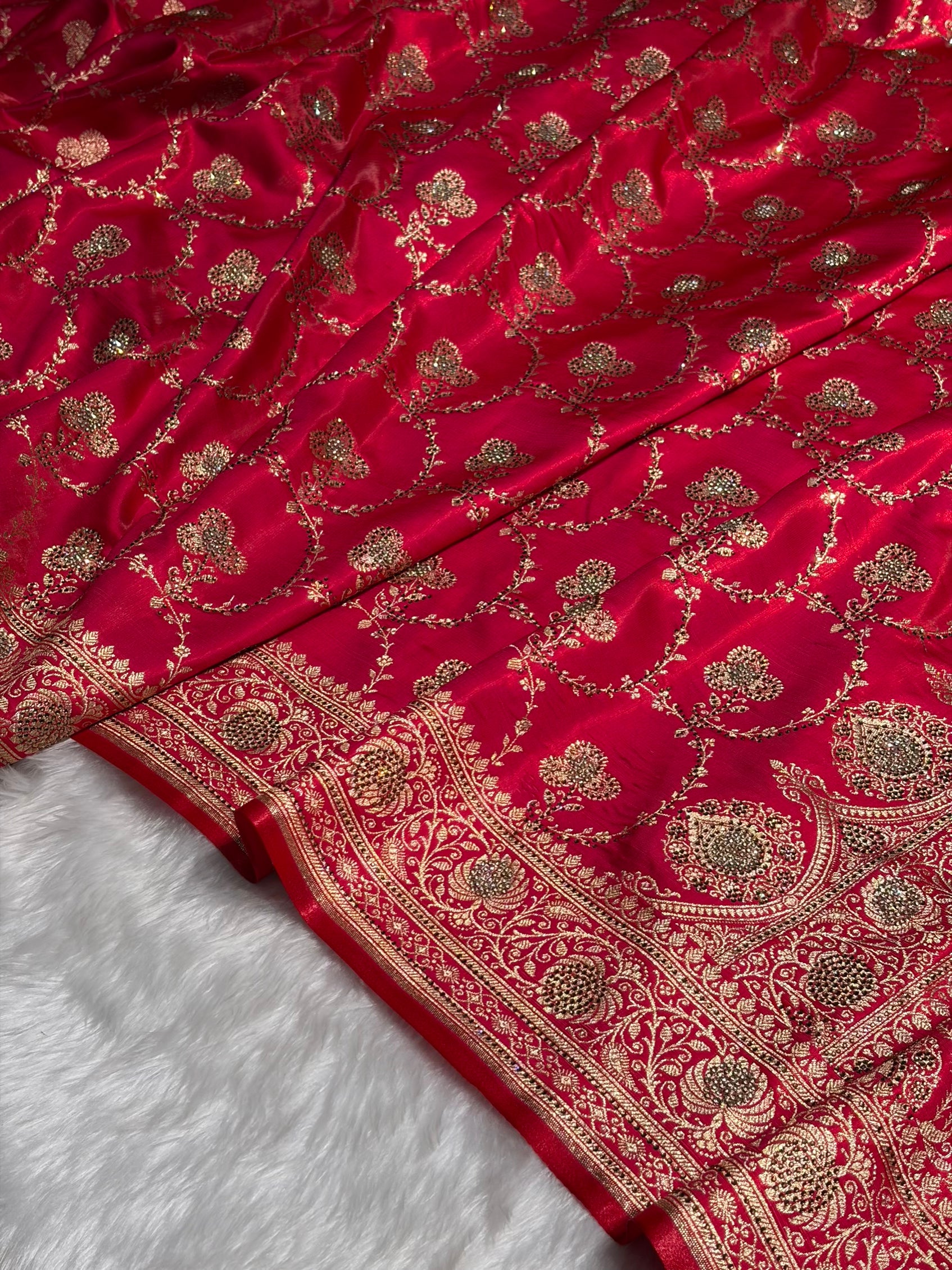 Satin Silk Saree Jaal in Pinkish Red Shades With Swarovski Work BSS23