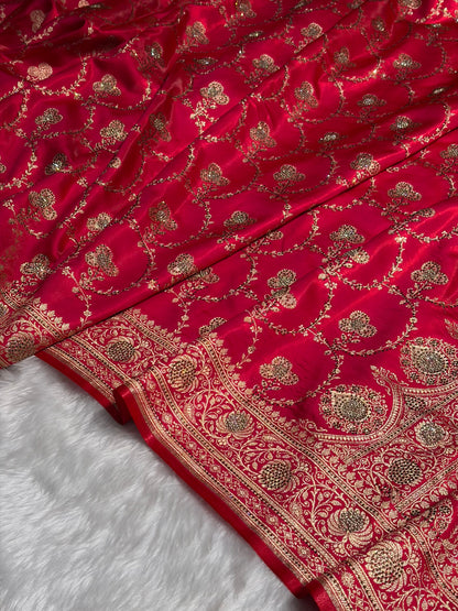 Satin Silk Saree Jaal in Pinkish Red Shades With Swarovski Work BSS23