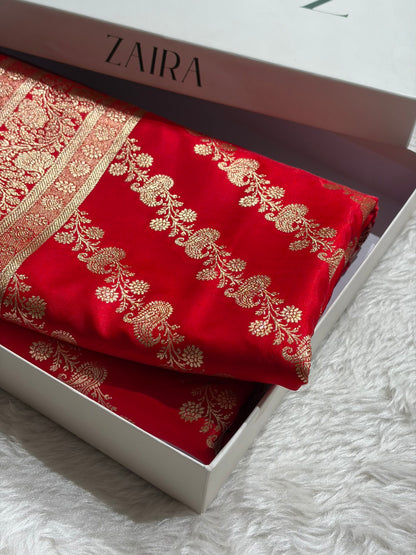 Banarasi Red Shades Cross Pattern Banarasi Satin Silk Saree SS51