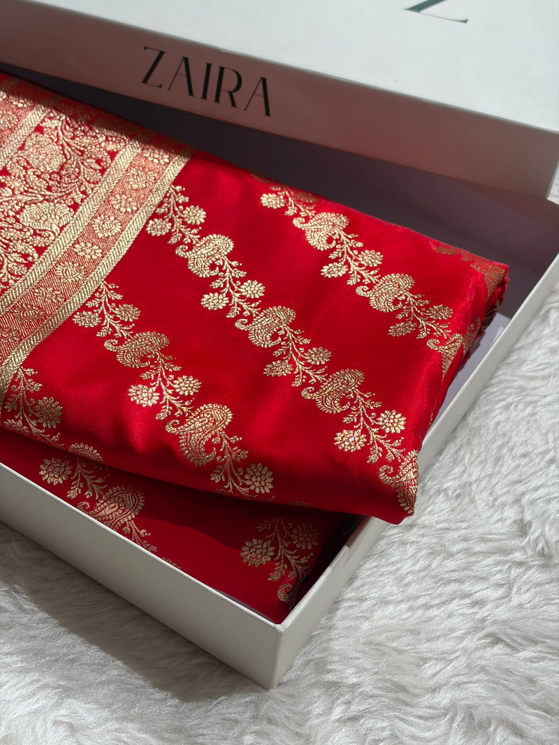 Banarasi Red Shades Cross Pattern Banarasi Satin Silk Saree SS51
