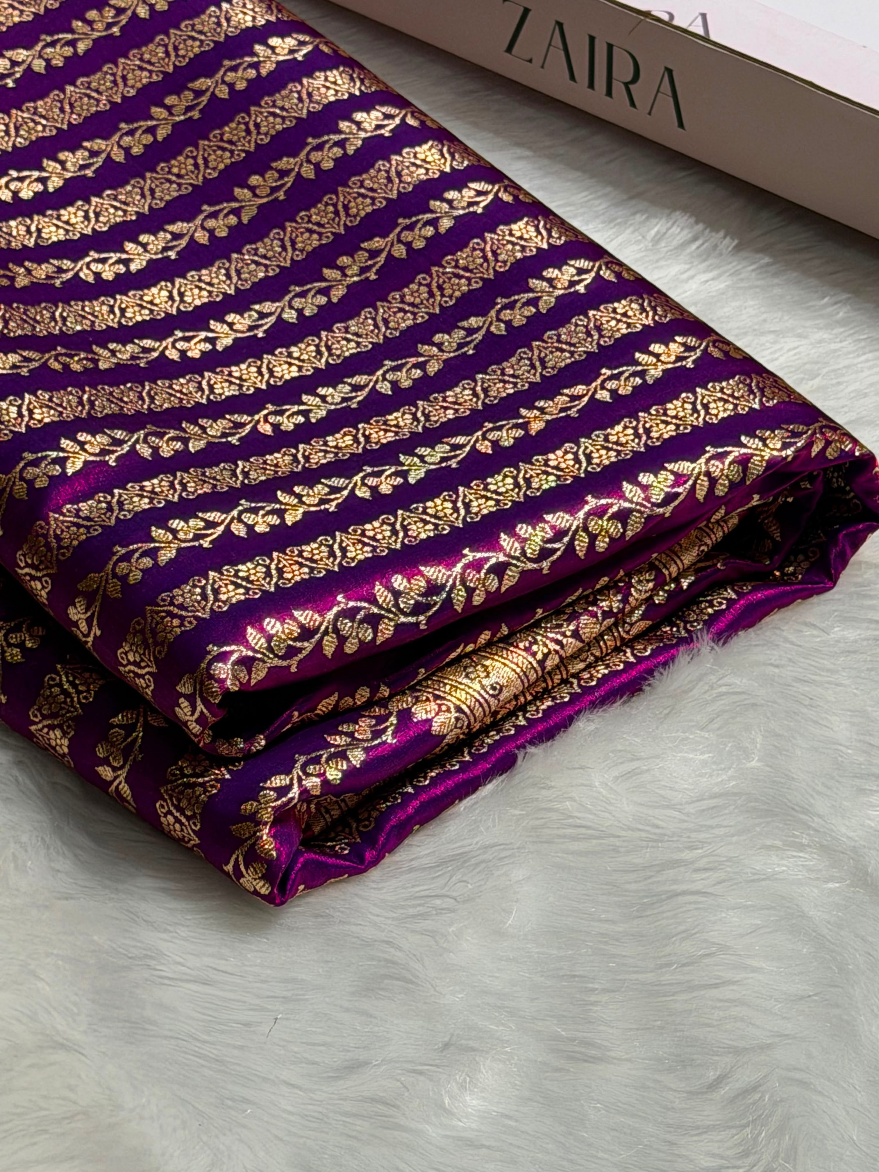 Cross Purple Shades Stripe Pattern Banarasi Satin Silk Saree SS46