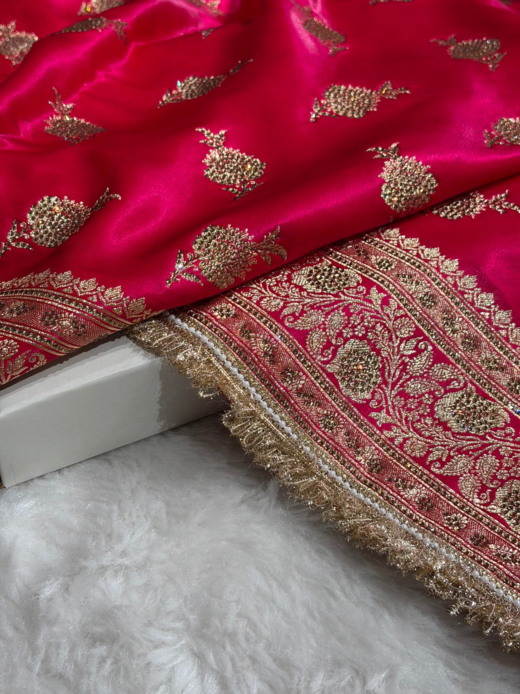 Satin Silk Saree Floral Boota With Swarovski & Gotta Patti Work in Cross Rani Shades BSSGP26