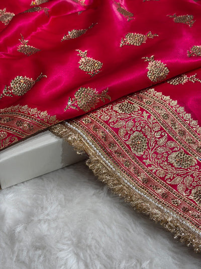 Satin Silk Saree Floral Boota With Swarovski & Gotta Patti Work in Cross Rani Shades BSSGP26
