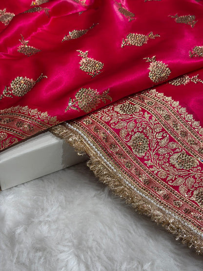 Satin Silk Saree Floral Boota With Swarovski & Gotta Patti Work in Cross Rani Shades BSSGP26