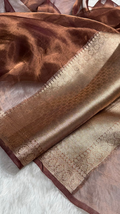 Chocolate Shades Pure Tissue Silk Saree with Brocade Blouse PT-09