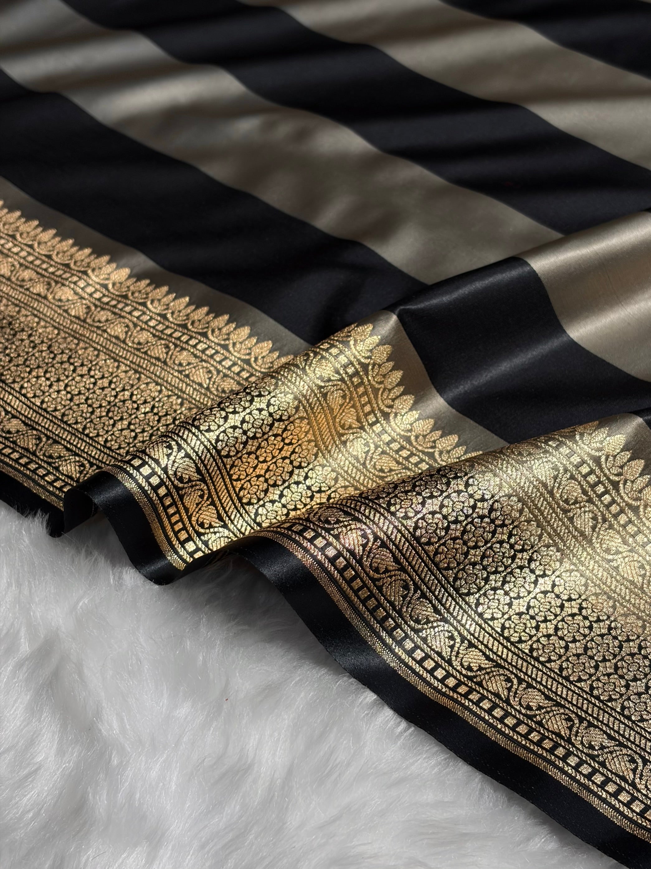 Gray With Black Horizontal Strips Floral Border & Brocket Blouse Mashru Silk Saree MSM-84