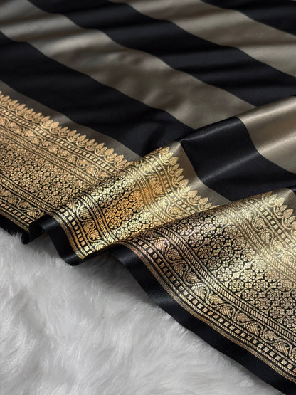 Gray With Black Horizontal Strips Floral Border & Brocket Blouse Mashru Silk Saree MSM-84