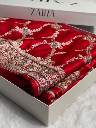 Bridal Red Shades Banarasi Jaal With Zardozi Work Mashru Silk Saree BMSM-127