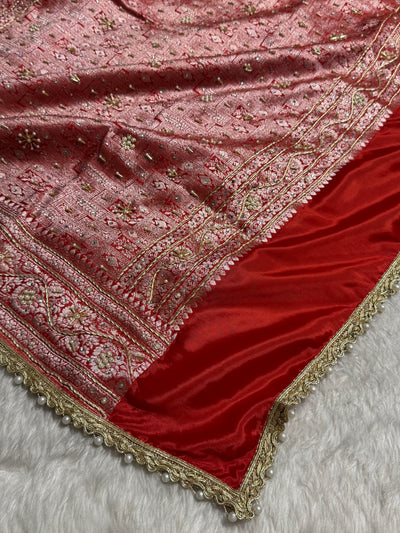 Bridal Red Shades Crepe Silky Katan With Ari Zardozi & Gotta Patti Work  Banarasi Saree BCSKGP-06