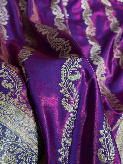 Peacock Contrast Shades Cross Pattern Banarasi Satin Silk Saree SS39