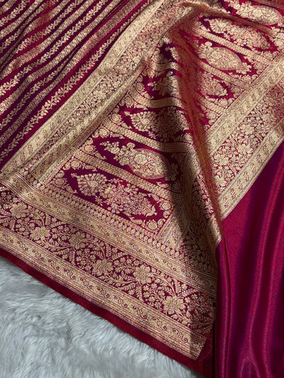 Reddish Magenta Shades Stripe Pattern Banarasi Satin Silk Saree SS46