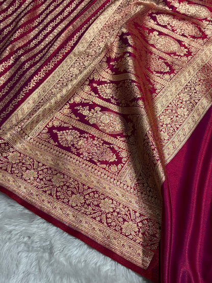 Reddish Magenta Shades Stripe Pattern Banarasi Satin Silk Saree SS46