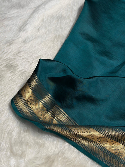 Contrast Firozi With Navy Border Minakari Boota Handwoven Raw Mango Silk RM-29