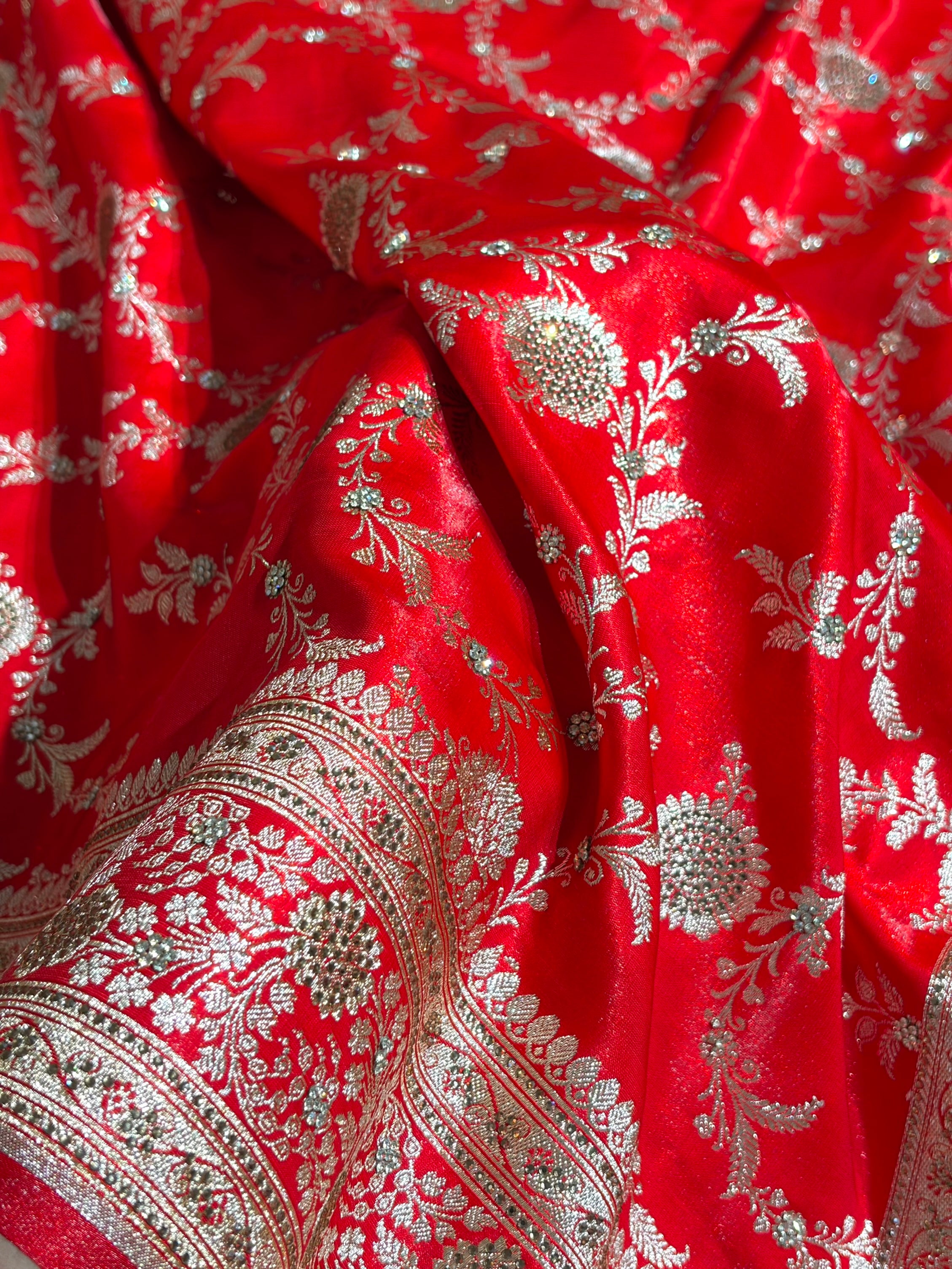 Light Weight Red Satin Silk Saree with Swarovski work BSS14