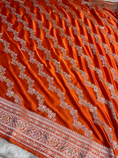 Orange Shades Banarasi Minakari Mashru Silk Saree With Cross Pattern MS02