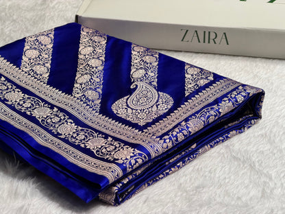 Royal Blue Shades Banarasi Cross Pattern Floral Mashru Silk Saree MSM-102