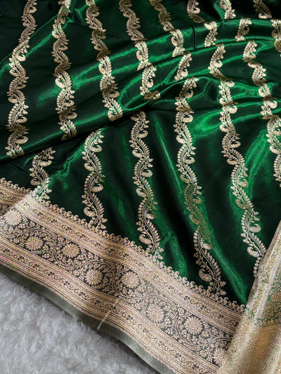 Bottle Green Contrast gray Shades Cross Pattern Banarasi Satin Silk Saree SS39