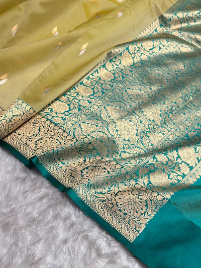 Contrast Pure Banarasi Organza Mustard With Rama Floral Banarasi Silk Saree PO-12