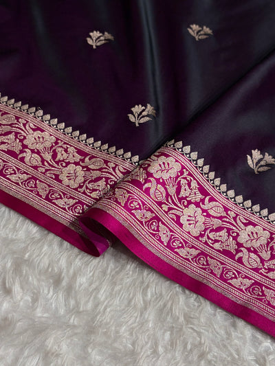 Contrast Navy Blue/ Rani Shades Banarasi Booti Pattern Mashru Silk Saree MSM-138