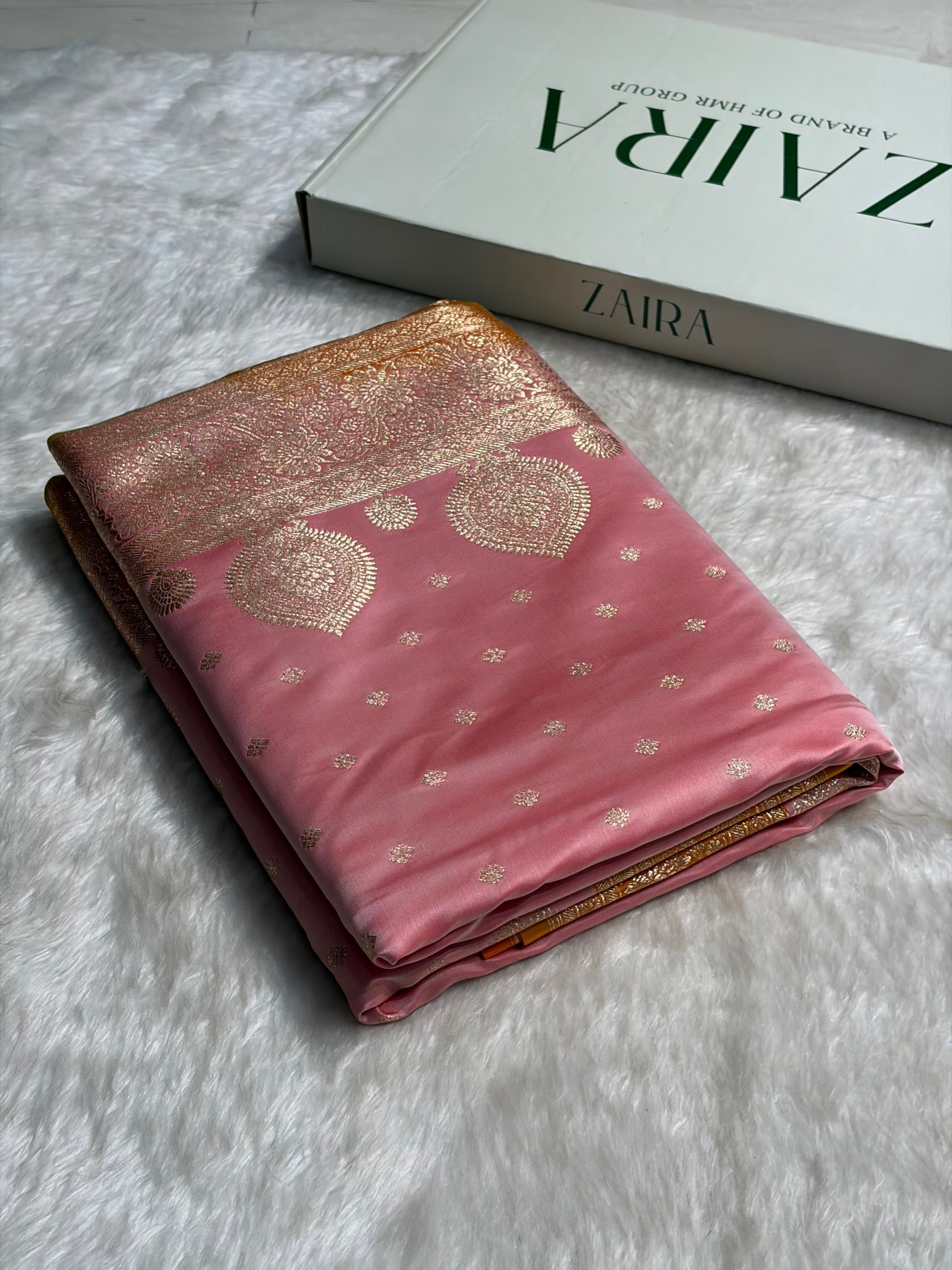 Baby Pink with Mustard Booti Satin Katan Silk saree SK29