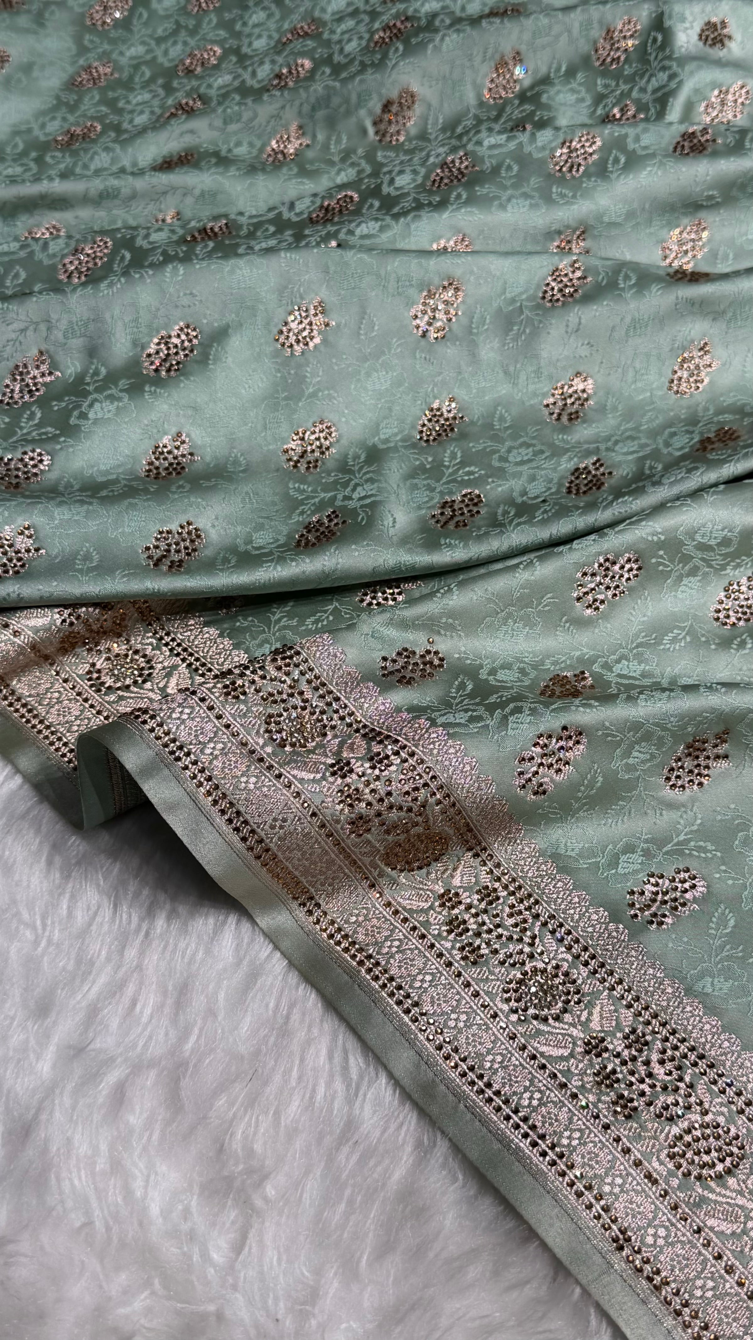 Sea Green Shades Tanchoi Motif With Swarovski Work Mashru Silk Saree BMST-10