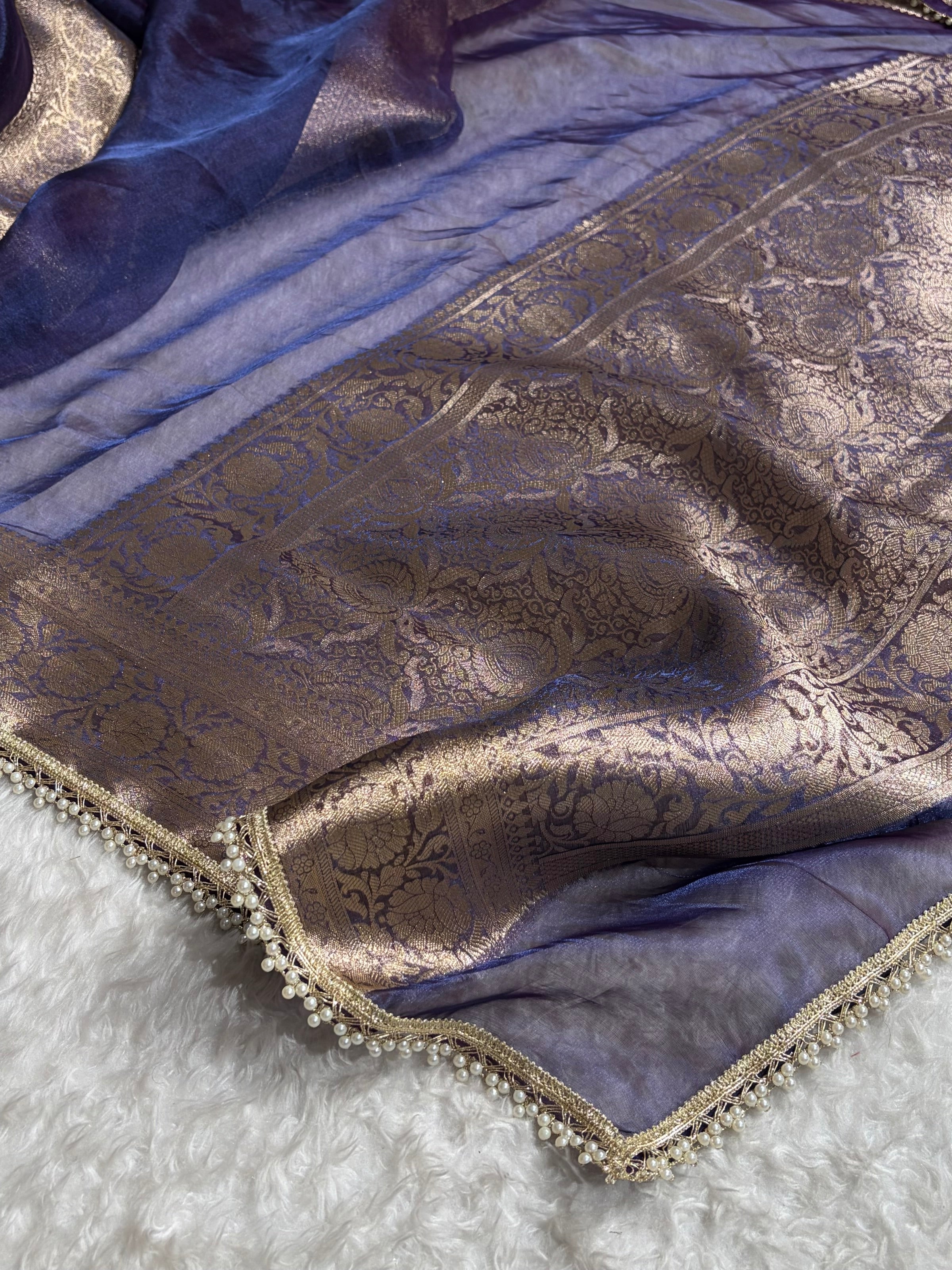 Purplish Navy Shade Pure Tissue Silk Saree with Brocade Blouse And Gotta Patti PTGP-18