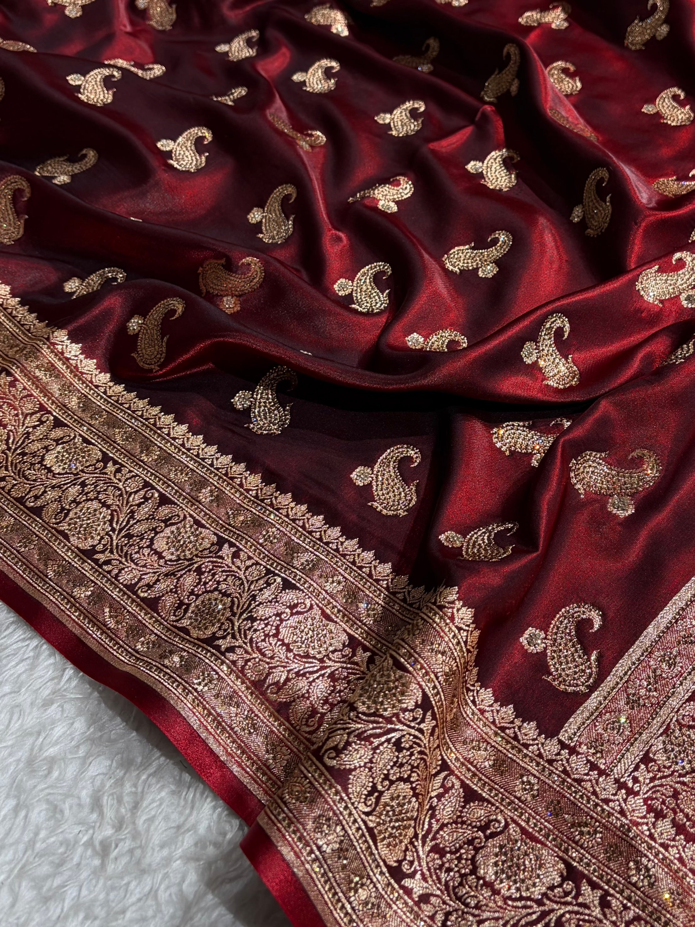 Satin Silk Saree Tredition Banarasi Swarovski Work Floral Boota in Maroon Shades BSS27