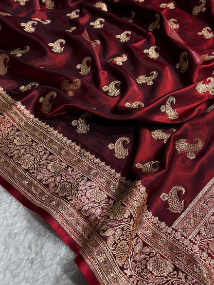 Satin Silk Saree Tredition Banarasi Swarovski Work Floral Boota in Maroon Shades BSS27