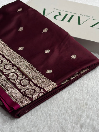 Banarasi Garnet Boota With Floral Border Mashru Silk Saree