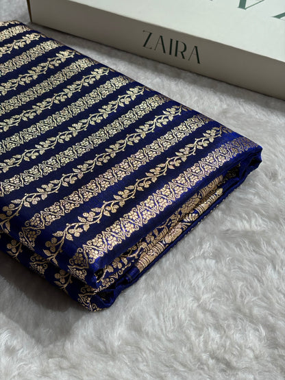 Royal Blue Shades Stripe Pattern Banarasi Satin Silk Saree SS46