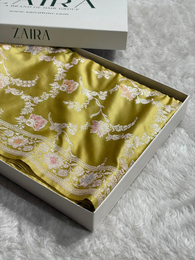 Lemon Shades Minakari Jaal Mashru Silk Saree MCS48