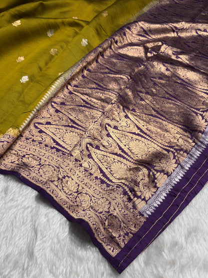 Contrast Mehendi With Purple Shades Boota Handwoven Pure Raw Mango Silk RM-07