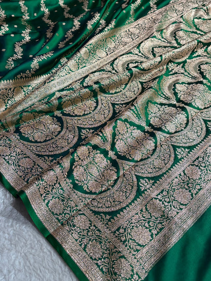 Banarasi Satin Katan Saree With Boota in Cross Green Shades SK108