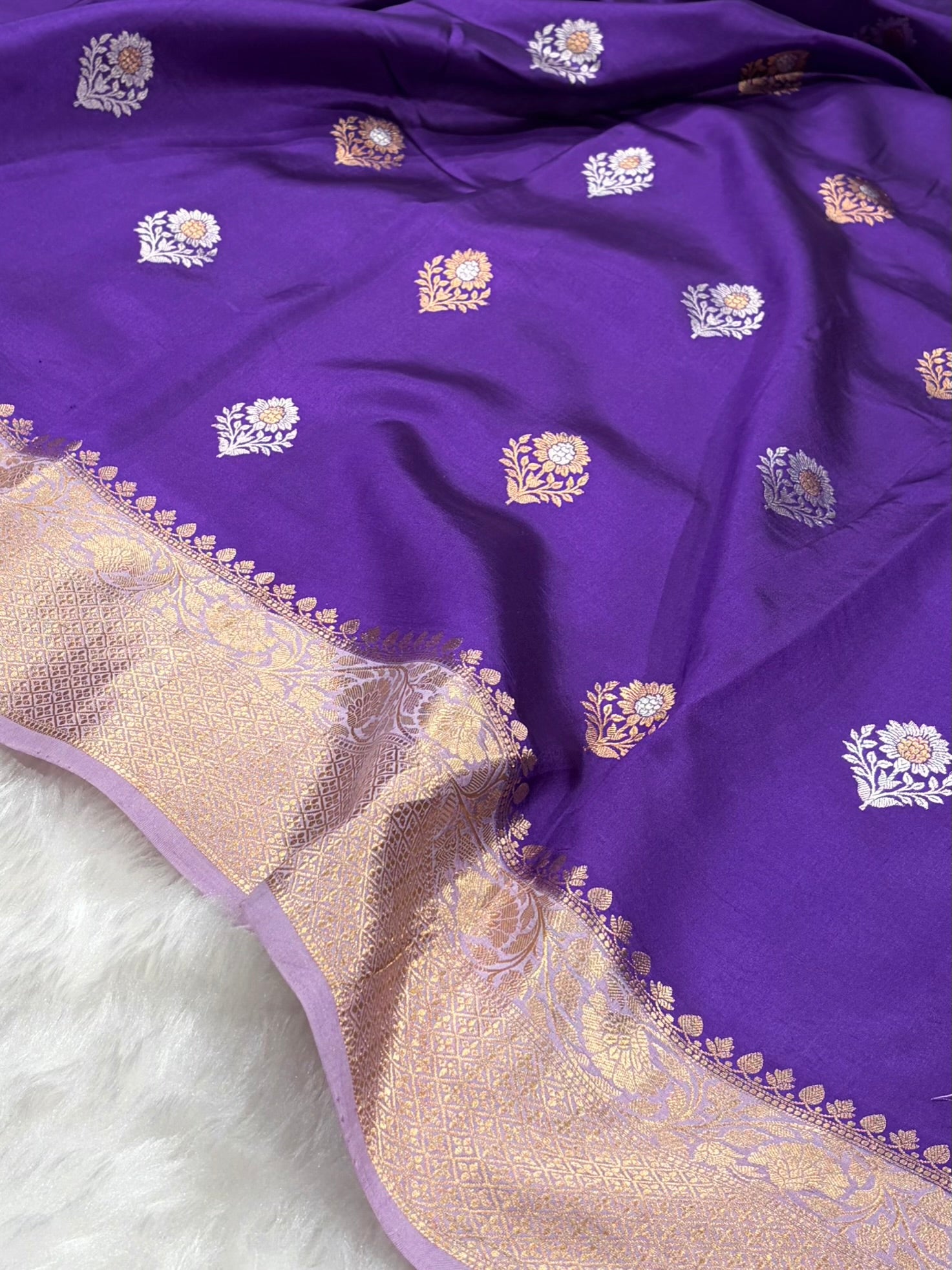 Banarasi Purple With Contrast Lavender Border & Meenakari Boota Handwoven Pure Katan Paper Silk RM-74