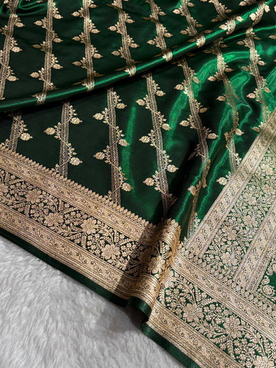 Bottle Green Shades Cross Pattern Banarasi Satin Silk Saree SS50