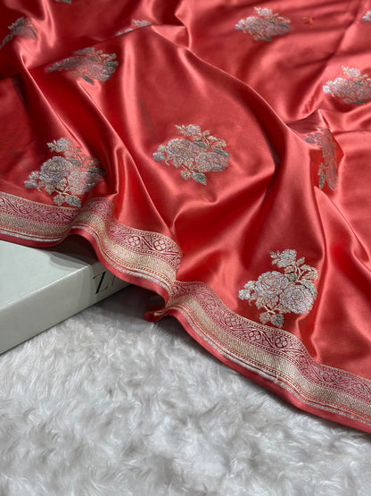 Strawberry Sona Rupa Minakari Floral Motif Mashru Silk Saree MS50