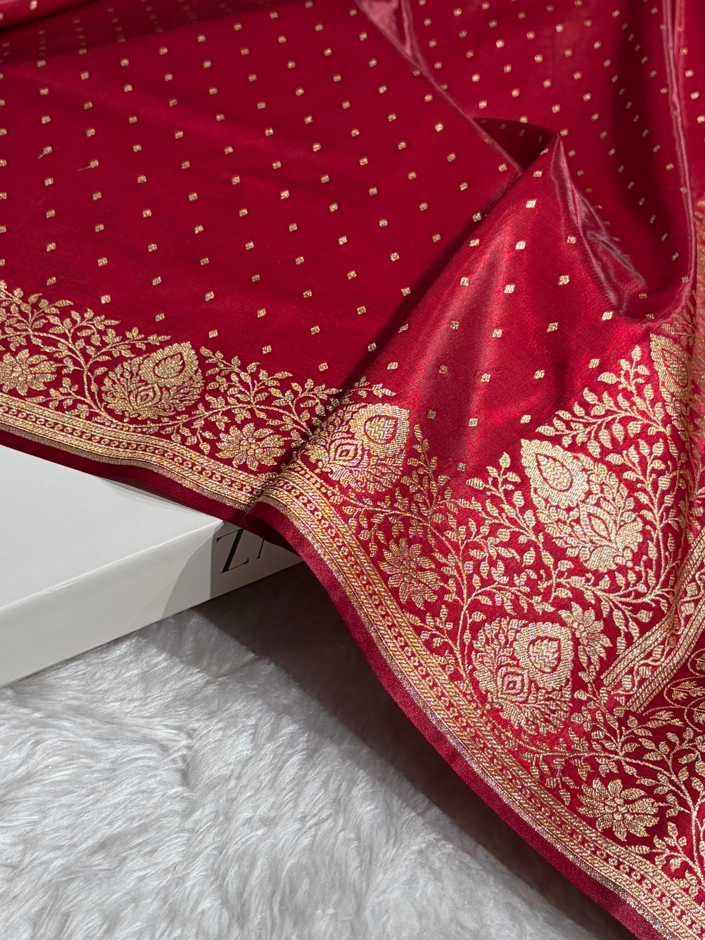 Satin Silk Saree Floral Boota in Red Shades SS28