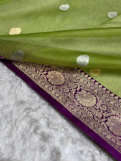Contrast Pure Banarasi Organza Pista Green With Wine Floral Banarasi Silk Saree PO-11