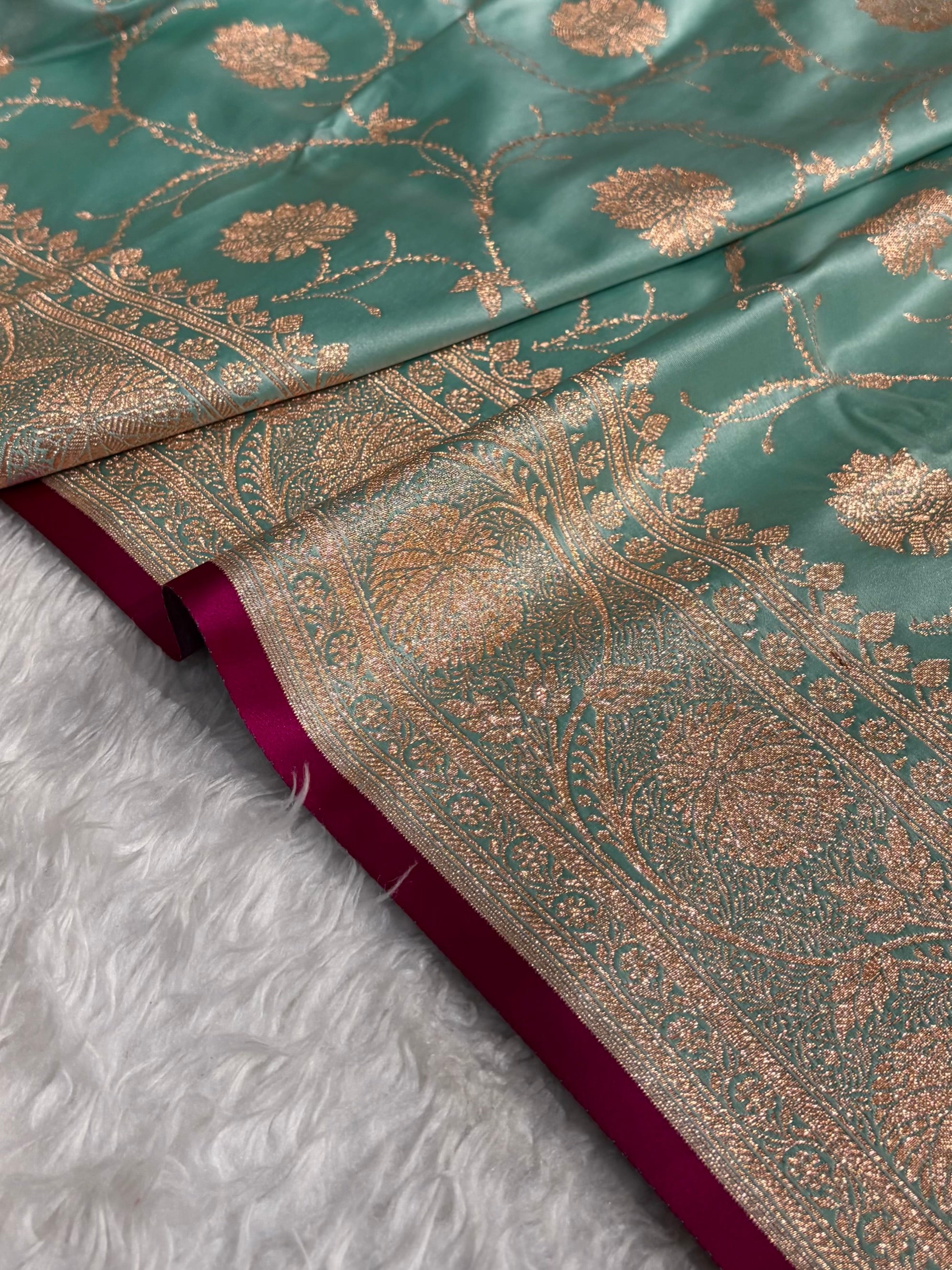 Sea Green Banarasi Jaal Satin Katan Silk Saree SK06